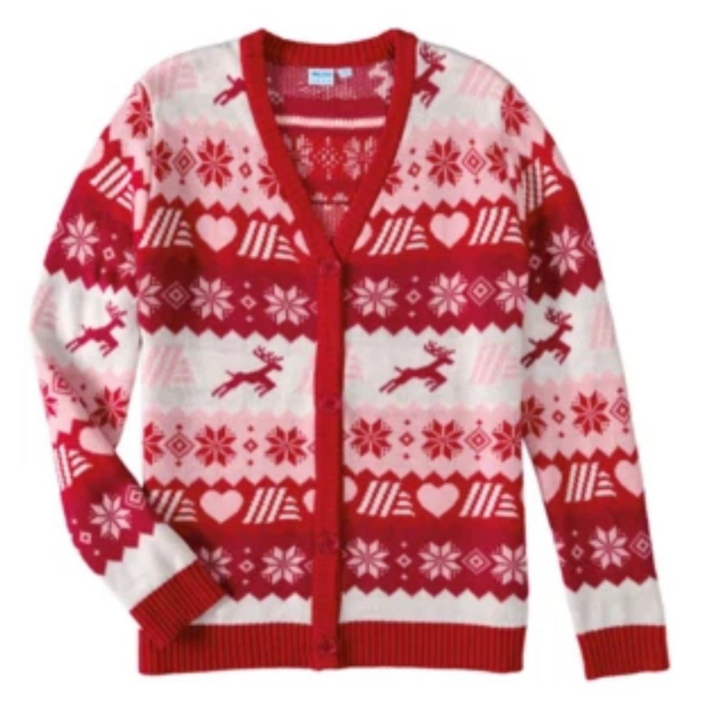 NWT Aldi Gear Pink & White 2025 Christmas Holiday Sweater Cardigan Sz Large
